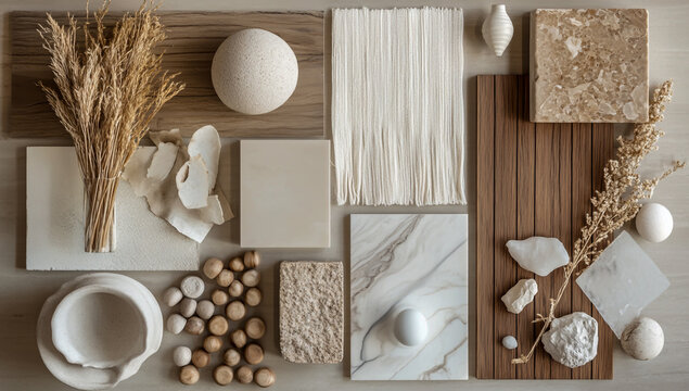 A gorgeous mood board featuring a variety of textures and materials, including polished wood panels, soft fabrics, sleek metals, and natural stone elements,