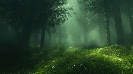 Fototapeta premium Mystical Foggy Forest Path Green Trees Lush Grass