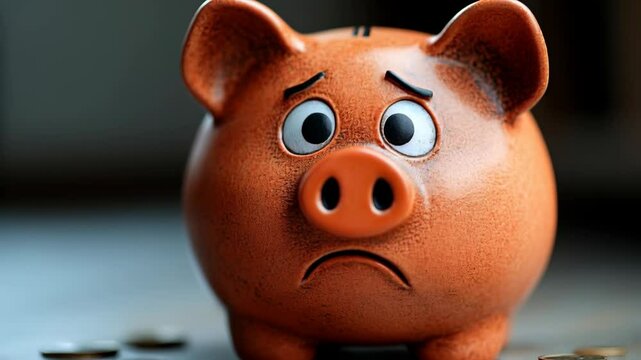 Sad piggy bank with coins scattered around, symbolizing financial struggles.

