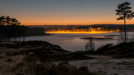 Obraz premium Serene sunrise over a misty lake, silhouetted trees and a starlit sky. A tranquil and picturesque scene perfect for nature lovers.