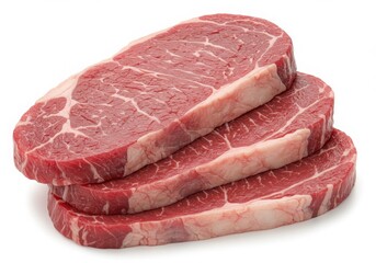 Stack of raw steaks isolated on white background