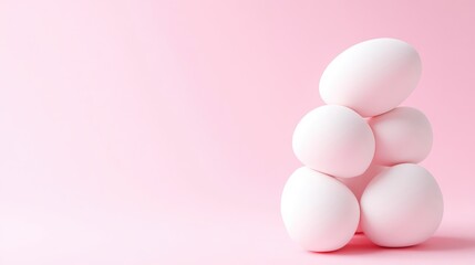 Fototapeta premium Stacked white eggs on pink background