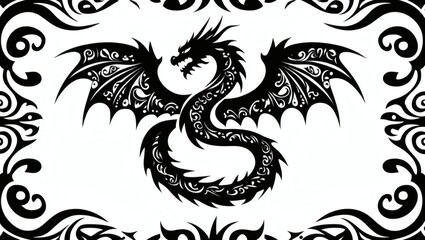 Black Dragon Illustration with Tribal Border