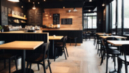 blur restaurant, with many tables and chairs. This restaurant has a black color theme, wallpaper, blur cafe background