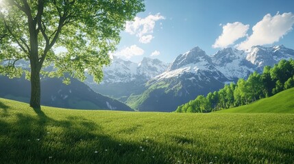 Obraz premium Serene Mountain Meadow Landscape Green Grass Tree Snow Peaks