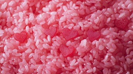 Fototapeta premium Pink Rice with Red Heart Candies Romantic Food Background