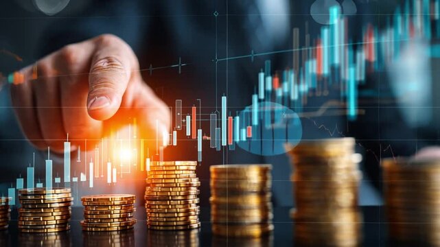 Financial Growth: A compelling shot of a hand pointing at a stock market graph. A rising trend in financial stacks signifying economic stability and success, and investment potential. 