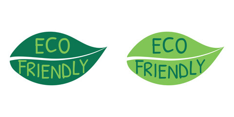 A set of eco friendly label designs. Ecologic food stamps. Lettering inside a green leaf vector illustration.