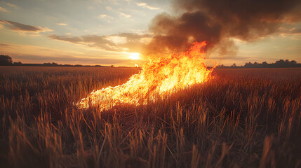 Dramatic sunset over a field engulfed in flames, showcasing the intense orange and yellow fire against the darkening sky.