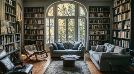 Cozy family reading space with facing sofas in white-gray tones and bookshelves lining the walls.