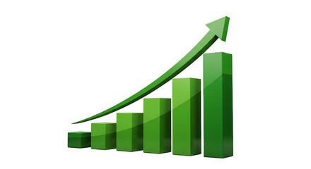 A green bar graph with an arrow pointing upwards on a black background representing growth