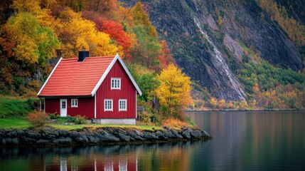 Fototapeta premium Red Cabin Autumn Fjord Norway Landscape Fall Foliage