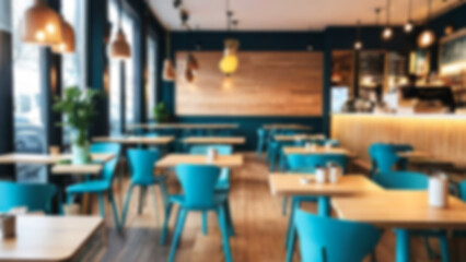 Fototapeta premium blur restaurant, with many tables and chairs. This restaurant has a light blue color theme, wallpaper, blur cafe background