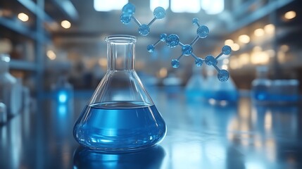 Blue Liquid In Erlenmeyer Flask With Molecular Model