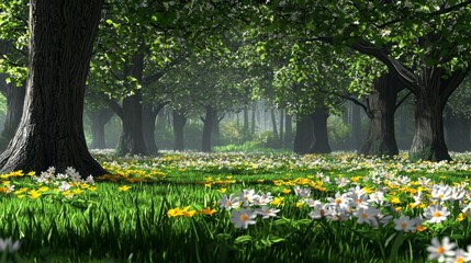 Obraz premium Lush Green Forest with Abundant Flowers and Sunlight Filtering Through the Trees Creating a Peaceful Nature Scene
