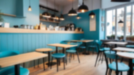 blur restaurant, with many tables and chairs. This restaurant has a light blue color theme, wallpaper, blur cafe background