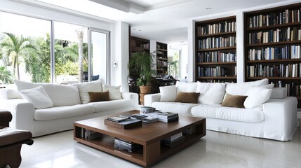 Open family reading space with twin couches, soft decor, and white walls.