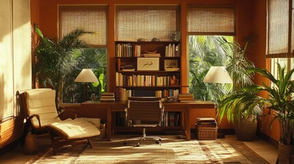Peaceful private reading room with subtle warm tones and open bookshelves touching the ceiling.