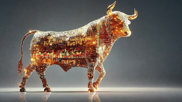 Golden Bull: A majestic golden bull, rendered in intricate detail, stands against a neutral gray backdrop. Its form seems to be composed of countless tiny golden components.