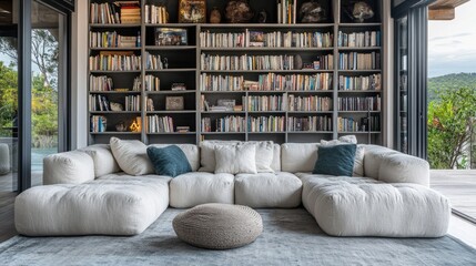 Relaxed reading nook with twin sofas, white-gray aesthetic, and floor-to-ceiling bookcases.