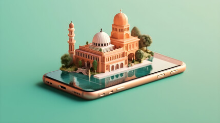 A miniature model of a mosque with a green and orange color scheme, placed on a smartphone screen with a green background.