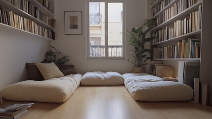Symmetrical sofa arrangement in a tranquil reading room with soft color palette.