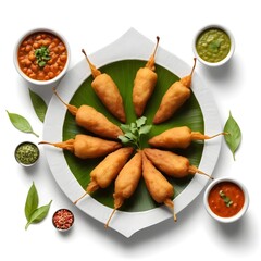 "Realistic snapshot of Mirchi Bajji, a popular Indian street food, deep-fried green chili stuffed with spiced filling, served on a plate, isolated on a clean white backdrop, flavorful cuisine"