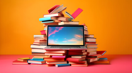 A laptop computer with a colorful screen and a stack of books on a vibrant orange background.