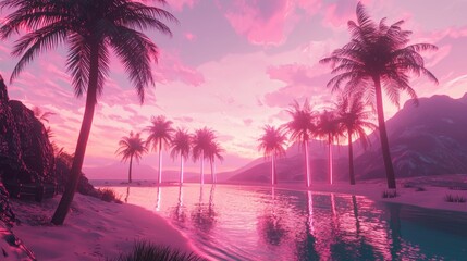 Lush Tropical Landscape with Tall Palm Trees and Colorful Sunset Reflections Over Calm Water in a Dreamlike Setting