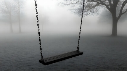 A solitary swing hangs from a tree in a misty park, evoking a sense of loneliness and quiet contemplation.  The monochrome palette enhances the melancholic mood.