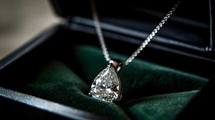 A delicate diamond necklace with a pear-shaped diamond pendant, resting in a black box with a green velvet interior.