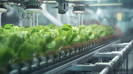 A robot is inspecting a row of lettuce plants in a greenhouse.