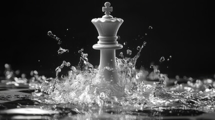White Chess King in Water Splash Dramatic Monochrome Abstract.