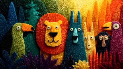 Obraz premium Colorful handcrafted jungle animal composition with whimsical felt characters