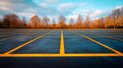 Empty parking lot with yellow lines under autumn trees and a blue sky.  A serene and minimalist autumn scene.