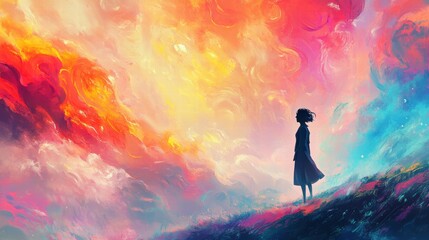 Obraz premium Woman Silhouette Colorful Sky Hope Dreamy Landscape
