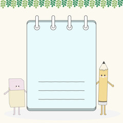 Notes, pencils, eraser characters, and school announcements