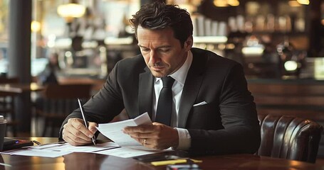 Businessman in a suit reviewing documents at a coffee shop with a busy background atmosphere - Powered by Adobe