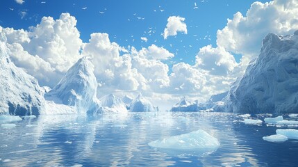 Fototapeta premium Majestic Icebergs Floating in Tranquil Blue Waters Under Bright White Clouds in a Stunning Polar Landscape
