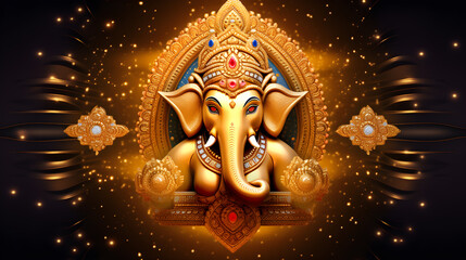 A golden Ganesh statue with intricate designs and sparkling golden accents, set against a dark background with golden and black elements, and surrounded by golden and black lights.