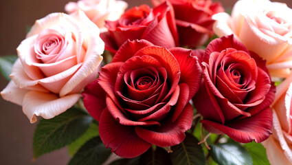 bouquet of vintage red and blush pink roses with velvety petals
