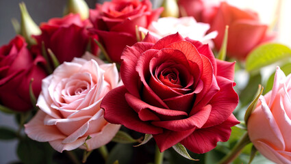 bouquet of vintage red and blush pink roses with velvety petals