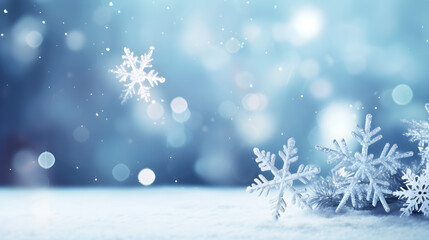 Snowflakes falling on a snowy surface with a blurred background.