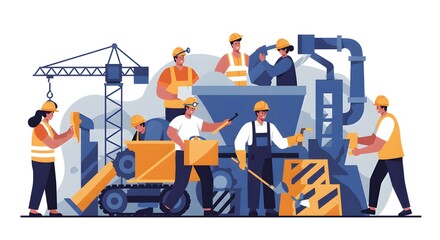 Construction Workers Team at Construction Site, Vector Illustration