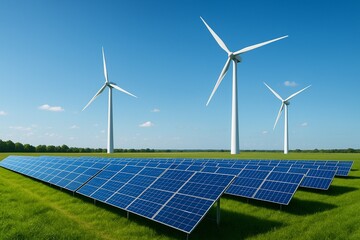 Renewable Energy Landscape with Solar Panels and Wind Turbines under Clear Blue Sky