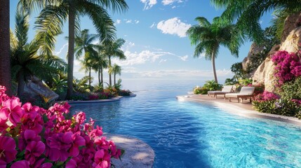 Fototapeta premium Serene Tropical Paradise with Lush Greenery and Vibrant Flowering Plants Beside Crystal Clear Pool Under Bright Blue Sky