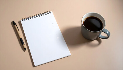 Blank Spiral Notebook Pen and Coffee Cup on Beige Desk Minimalist Office Setup