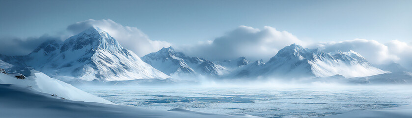 Obraz premium dramatic snow-capped mountains over frozen sea,
