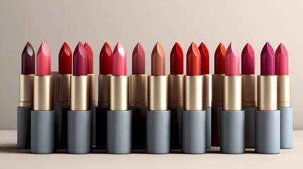 A row of colorful lipsticks arranged in a neat row on a neutral background.