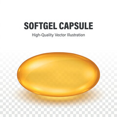 Vitamin B, E, D, Collagen Soft Gel Capsule, Isolated. Realistic 3D Golden Transparent Omega-3 Bead, Pharmaceutical Supplement, Fish Oil, Health and Beauty Concept. Vector Illustration